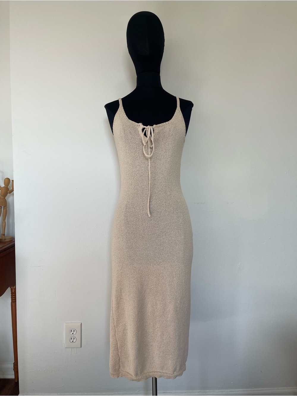 Beige Knit Tie-Front Midi Dress